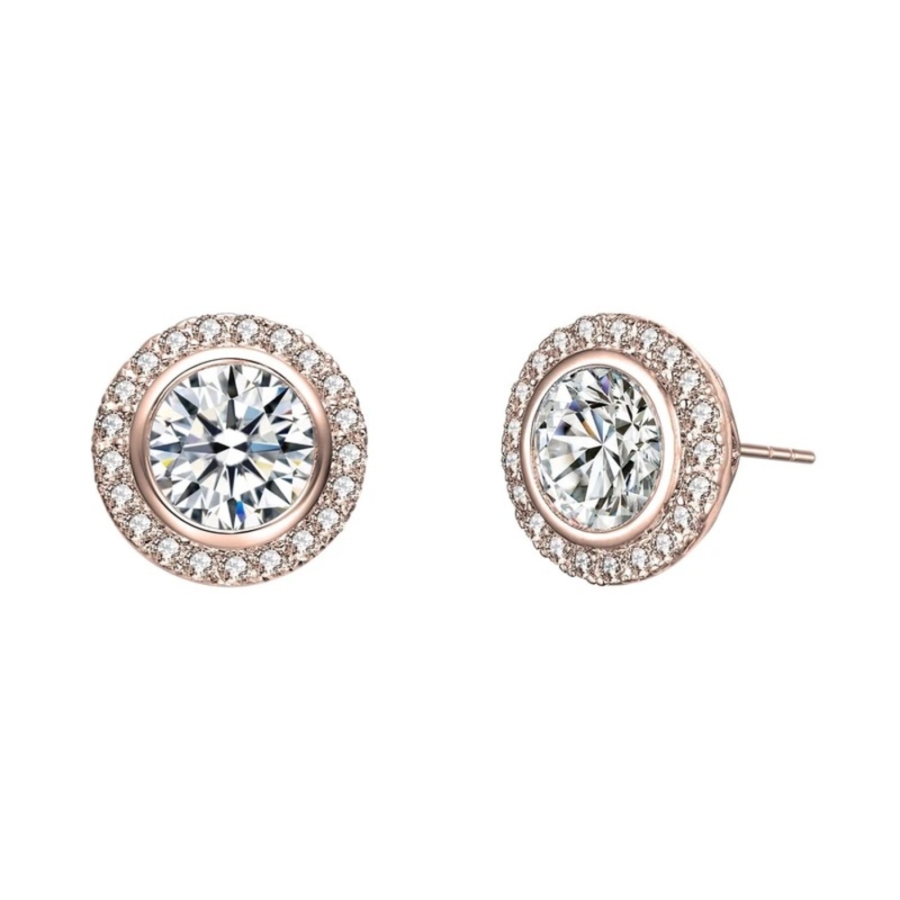 GENEVIVE JEWELRY PAVÉ BEZEL STUD ROSE GOLD PLATED EARRINGS. New.